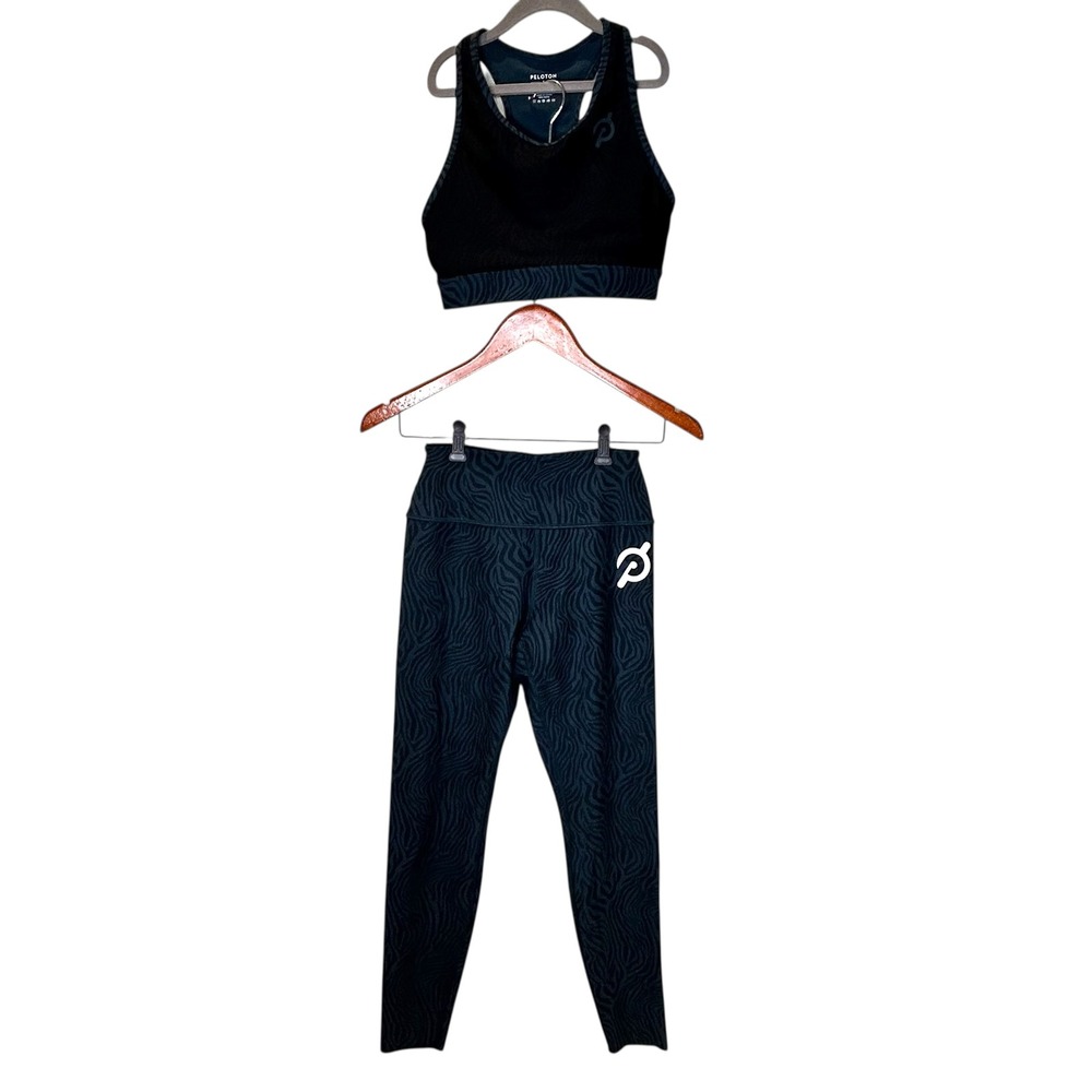Peloton Cadent High Rise Zebra Reversible 7/8 Legging Bra Set Black Teal Size S
